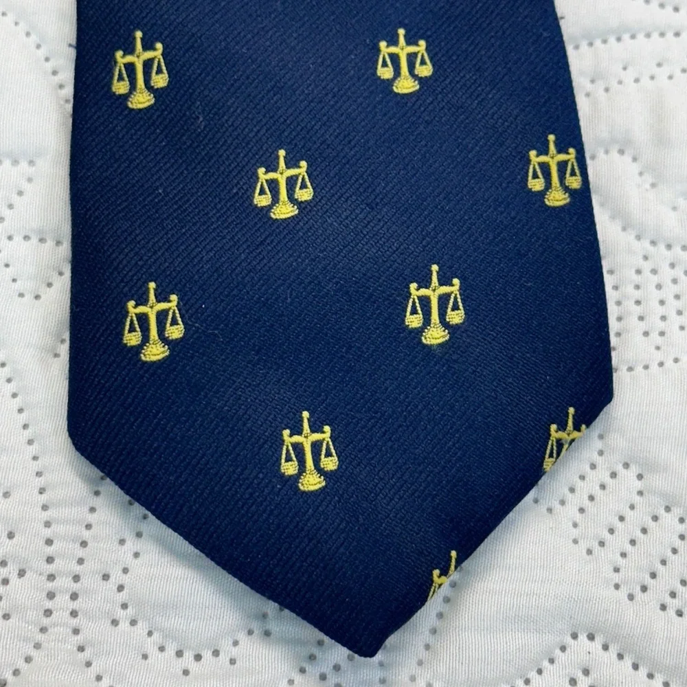 Excello Cravats Mens Navy Blue Gold Scales of Justice Law Professional Necktie